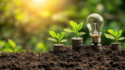A flourishing garden plants growing from coins stacked around a light bulb, symbolizing the fruitful outcomes renewable energy initiatives
