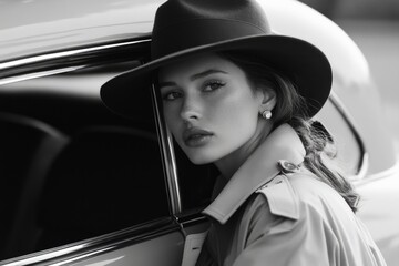 Mysterious woman in hat and coat by car window in black and white