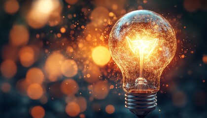 Warmly illuminated 3D light bulb, representing creativity and bright ideas, radiant digital illustration