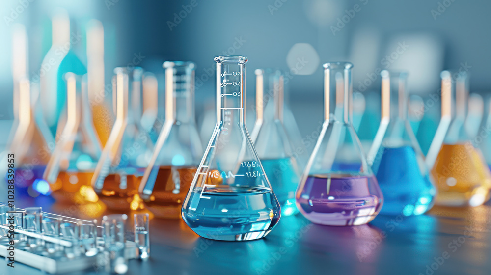 Poster laboratory experiment in progress with colorful liquids in glassware, showcasing various beakers and