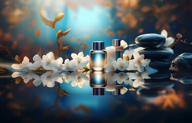 Obraz premium Three glass bottles of perfume on a reflective surface with white flowers and black stones in a blurred background.