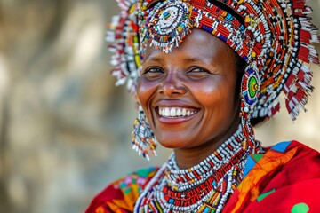 Fototapeta premium Colorful traditional attire and joyful smile of african woman