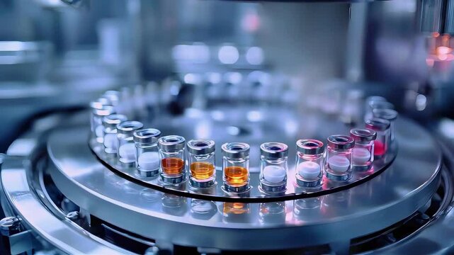 Close-up of glass vials with various substances in a pharmaceutical lab setting.