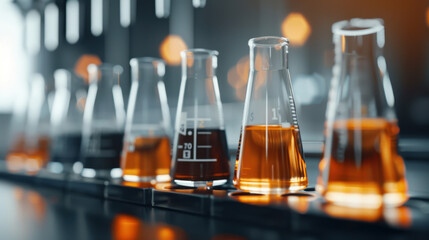 Laboratory experiment with glass flasks containing colorful liquids, showcasing scientific research and innovation. warm tones create inviting atmosphere