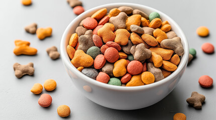 Bowl filled with colorful pet food kibble on a gray surface, featuring various shapes and sizes.