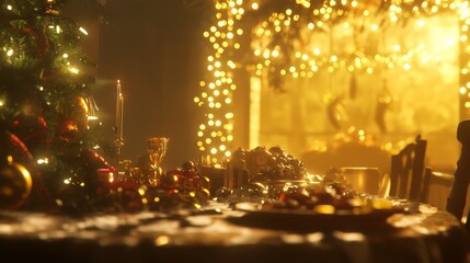 Joyful Christmas Feast: Family Bonding Over Delicious Dinner in Warm, Cinematic Glow