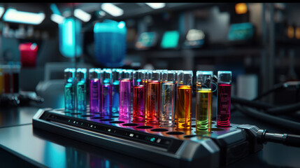 vibrant display of laboratory test tubes filled with colorful liquids showcases scientific experiment. bright hues create engaging atmosphere, highlighting essence of research and discovery