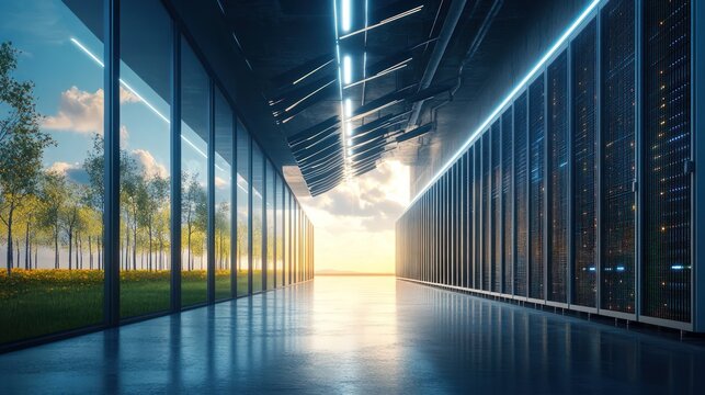 A futuristic data center powered by renewable energy sources, demonstrating the shift towards eco-friendly technology infrastructure