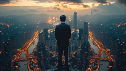 Rear view. A successful businessman standing atop a skyscraper, overlooking the city below.