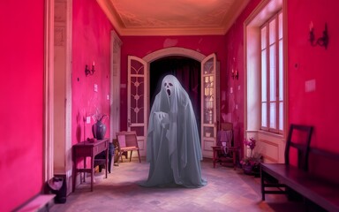a photo of Ghostly apparition in an old mansion, ethereal glow 