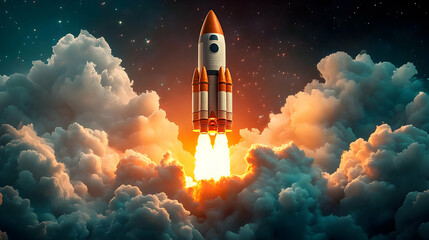 A rocket launching through clouds, symbolizing space exploration.
