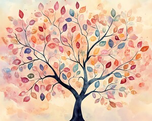 Whimsical watercolor family tree featuring delicate branches, soft pastel colors, and charming leaves with names, representing heritage and family connections