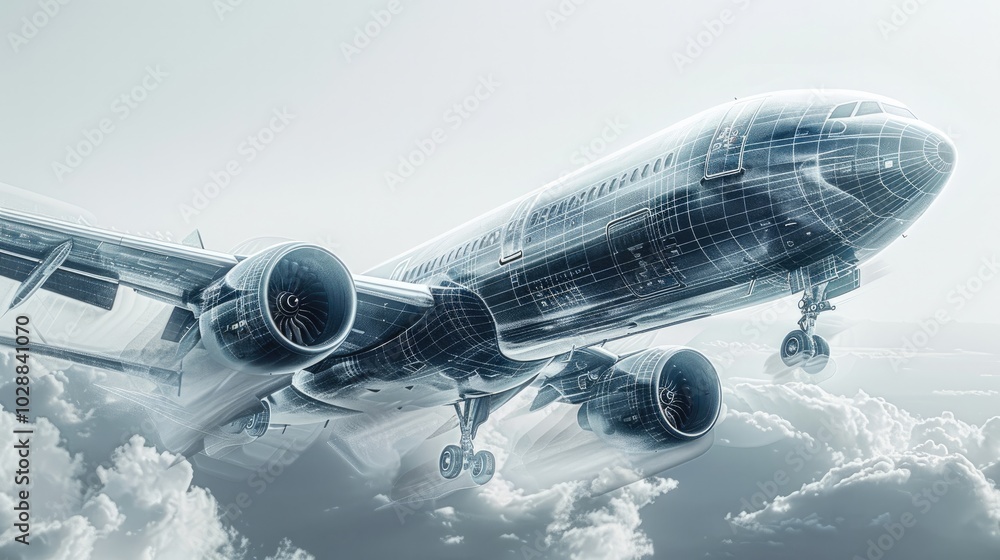 Aufkleber modern airplane with some details drawn as transparent figures and other part of plane is real norma