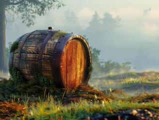 Obraz premium weathered oak barrel rests on misty hilltop at dawn, rich wood grain texture highlighted by soft golden light, moss-covered iron bands add rustic charm
