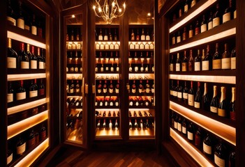 detailed close perspective various wine bottles arranged neatly elegant wine cellar featuring wooden shelves warm lighting, shelf, vintage, glass, cork
