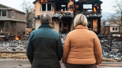 Obraz premium Two people standing with their backs to the camera, observing a severely burned house with visible fire and smoke damage.