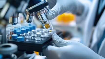 A scientist is holding a microscope and looking at a sample