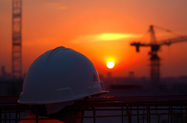 Obraz premium A construction hard hat rests on a rebar structure against a colorful sunset sky.