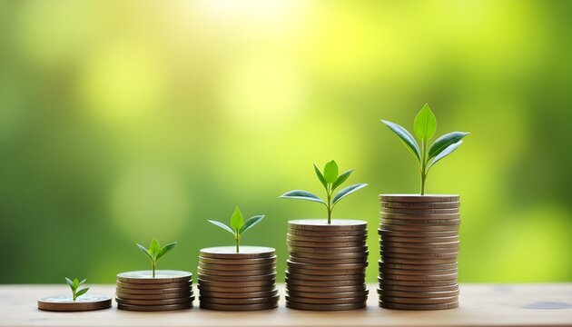 Stacks of coins with green plants symbolize financial growth and investment.