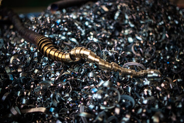 Metal filings collected during turning production process in a recycling facility after machining operations