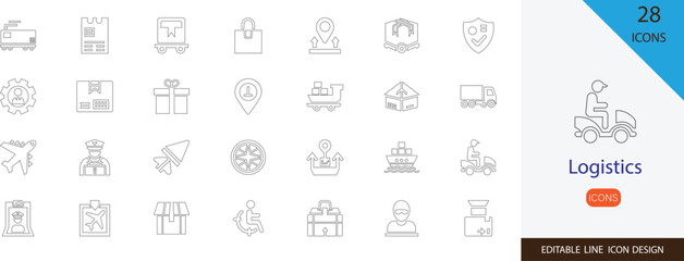 Logistics editable  line icon collection set . containing  cargo crane, delivery truck, shopping cart, transport, airplane and more stroke 