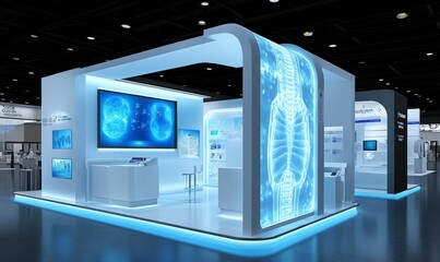 Blue lit modern trade show booth.