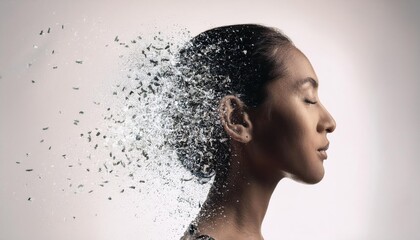 Abstract image of a person's profile with head disintegrating into particles, symbolizing evanescence or mental health