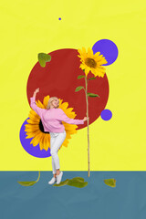 Vertical photo collage of happy girl dance sunflower bloom flower florist worker leaves fly spring...