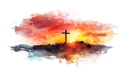 silhouette of a cross in colorful sunset in watercolor stlye isolated on white or transparent png