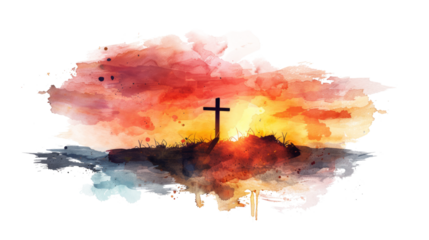 silhouette of a cross in colorful sunset in watercolor stlye isolated on white or transparent png