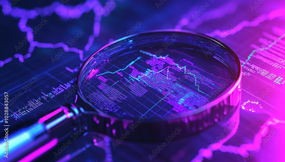 Poster data analysis with neon visuals and magnifier showcasing seo metrics and trends