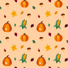 Seamless pattern with pumpkins, corn and autumn leaves. Vector illustration.