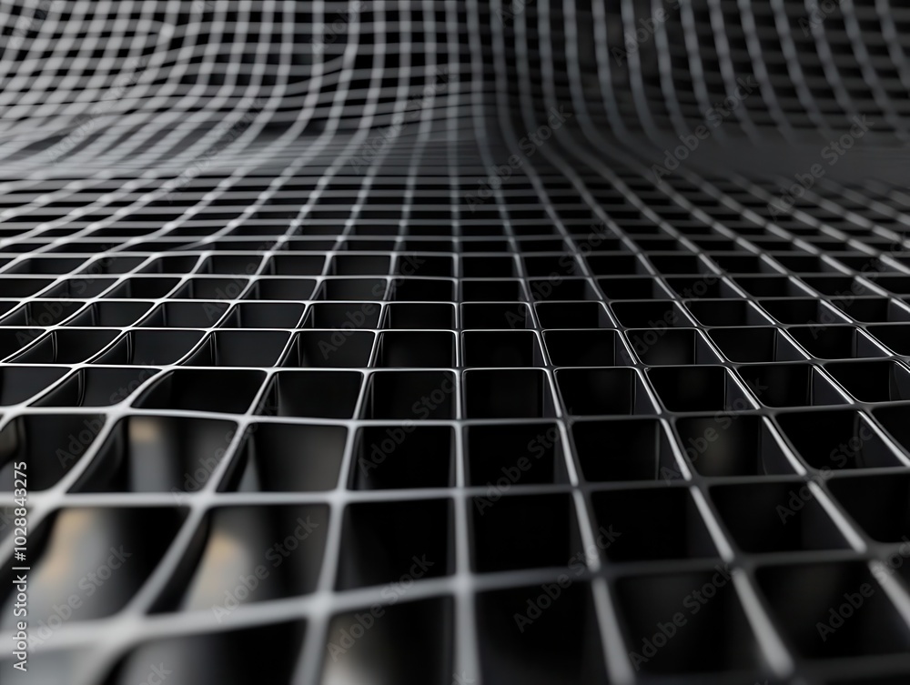 Poster perspective view of a distorted black grid background, creating an abstract and modern visual effect