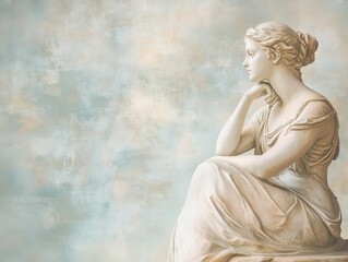 Naklejka premium pastel-toned greek goddess sculpture, elegantly poised against a muted backdrop, showcasing intricate details with a serene expression, inviting contemplation and appreciation of classical beauty
