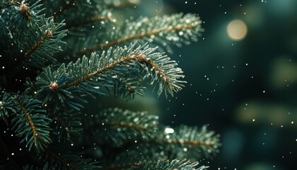 A close-up view of a Christmas tree branch with snowflakes gently falling