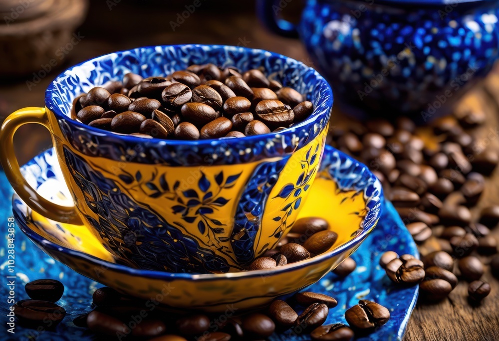 Wall mural close view fresh coffee beans pouring into vibrant ceramic cup highlighting rich texture natural aro