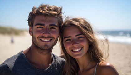 Obraz premium Young couple smiles joyfully together under the sun at a beach on a summer day