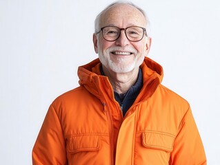 Obraz premium portrait of a cheerful senior man sporting an orange jacket and glasses, exuding warmth and wisdom against a clean white background, symbolizing the joy of aging gracefully