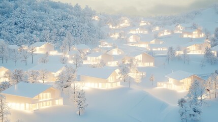 Serene Christmas Snowscape at Dusk with Warm Glowing Lights from Houses. Ultra-Detailed, Cinematic Light Captured in Winter Scene.