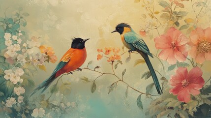 Fototapeta premium A pair of brightly colored parrots nestled in green foliage and surrounded by vibrant flowers, evoking a serene tropical wildlife setting.
