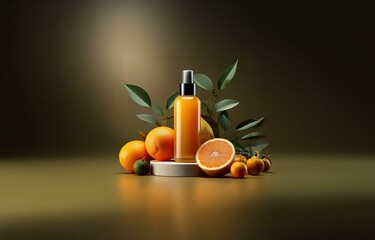 Obraz premium A bottle of orange liquid with a black sprayer sits on a podium with a small cluster of oranges and citrus fruits.