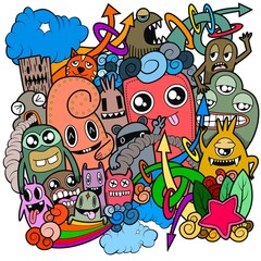 Hand-drawn illustrations, monsters doodle, Hand Drawn cartoon monster illustration,Cartoon crowd doodle hand-drawn Doodle style.