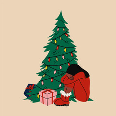 Naklejka premium A person experiences sadness and unhappiness during the Christmas holidays. Psychology concept
