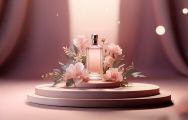 A perfume bottle sits on a pink circular platform, surrounded by delicate pink flowers and green leaves against a soft pink background.