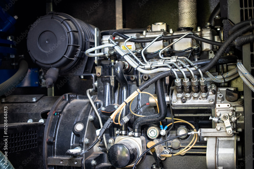 Poster modern pumping station engine showcasing various components in operation at a utility facility, high