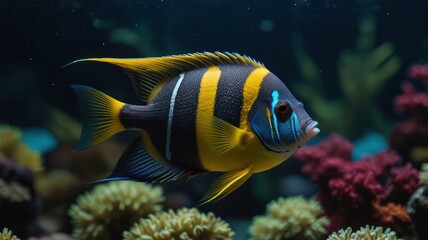 Obraz premium A vibrant yellow and blue angelfish swims among coral reefs in a dark blue aquarium.