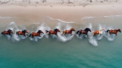 Aerial view of a group of horses running along the shore, splashing through the water and creating dynamic patterns as they race across the beach.