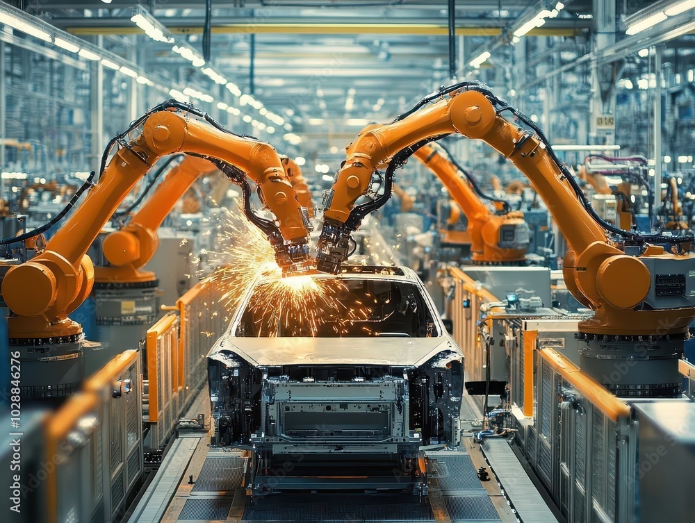 Aufkleber robotic assembly line operating in an automotive factory, showcasing advanced technology and industr