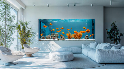Mur aquarium dans un living room blanc contemporain