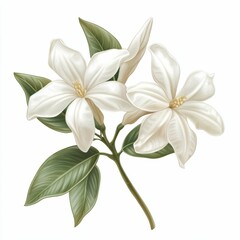 Obraz premium White Flower with Green Leaves on White Background